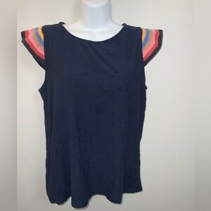 Preloved True Craft Navy Boho Blouse w/ Colorful Crocheted Shoulder Accents Sz M